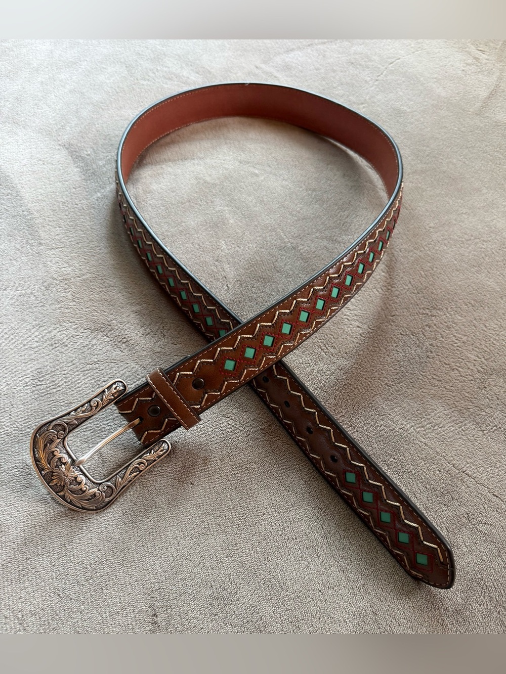 Ariat Brown Leather Western Belt with Floral Silver Buckle